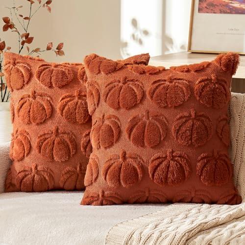 MIULEE Fall Throw Pillow Covers 22x22 Set of 2 Autumn Decorations Orange Pumpkin Accent Pillowcase for Sofa Couch Porch Bed Living Room Soft Plush Faux Fur Halloween Farmhouse Home Decor