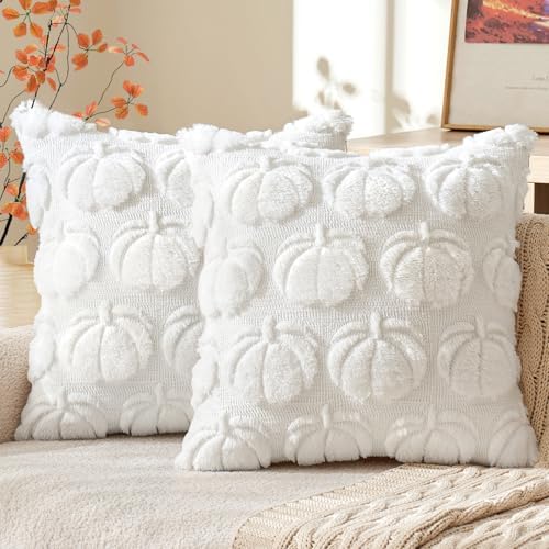 MIULEE Fall Throw Pillow Covers 26x26 Set of 2 Autumn Decorations Pure White Pumpkin Accent Pillowcase for Sofa Couch Porch Bed Living Room Soft Plush Faux Fur Halloween Farmhouse Home Decor