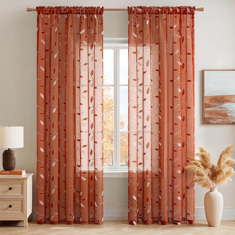 MIULEE Embroidered Leaf Patterned Rod Pocket Floral Semi Sheer Faux Linen Curtains Terracotta 52Wx63L