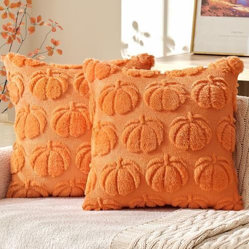 MIULEE Fall Throw Pillow Covers 24x24 Set of 2 Autumn Decorations Rust Pumpkin Accent Pillowcase for Sofa Couch Porch Bed Living Room Soft Plush Faux Fur Halloween Farmhouse Home Decor