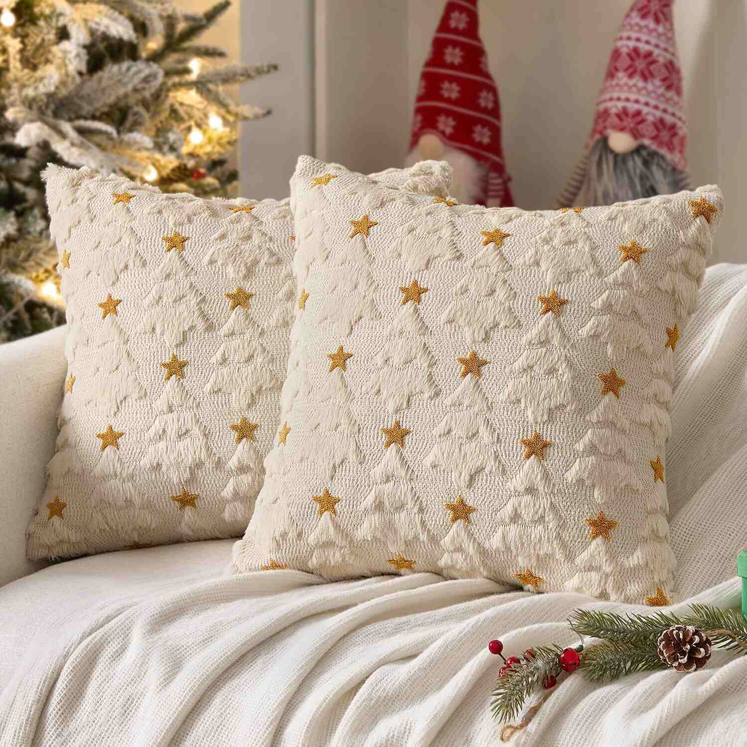 Christmas Tree Plush Faux Fur Pillow Covers Beige 16x16-inch