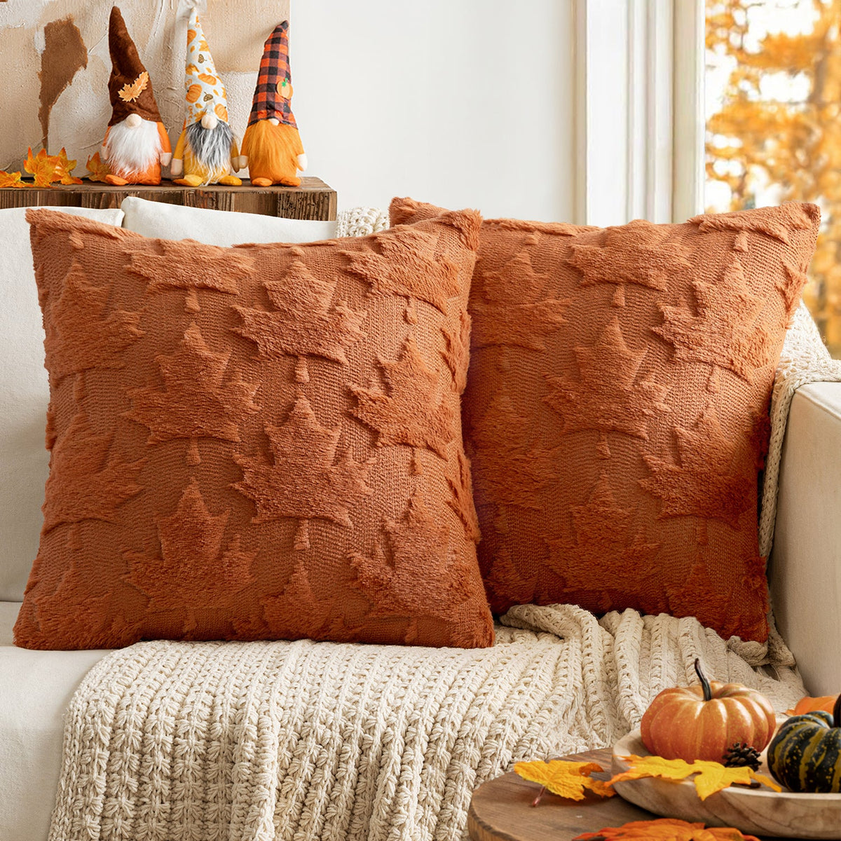 MIULEE Fall Throw Pillow Covers 20x20 Caramel Set of 2 Decorative Solid Maple Leaf Pattern Pillow Covers Soft Plush Faux Wool Couch Pillow Covers for Couch Bed Room