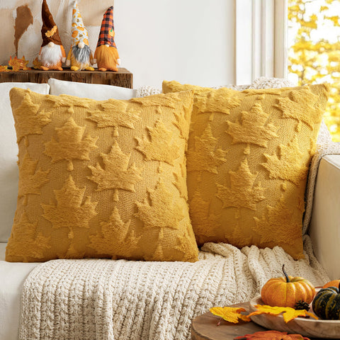 MIULEE Fall Throw Pillow Covers 20x20 Mustard Yellow Set of 2 Decorative Solid Maple Leaf Pattern Pillow Covers Soft Plush Faux Wool Couch Pillow Covers for Couch Bed Room