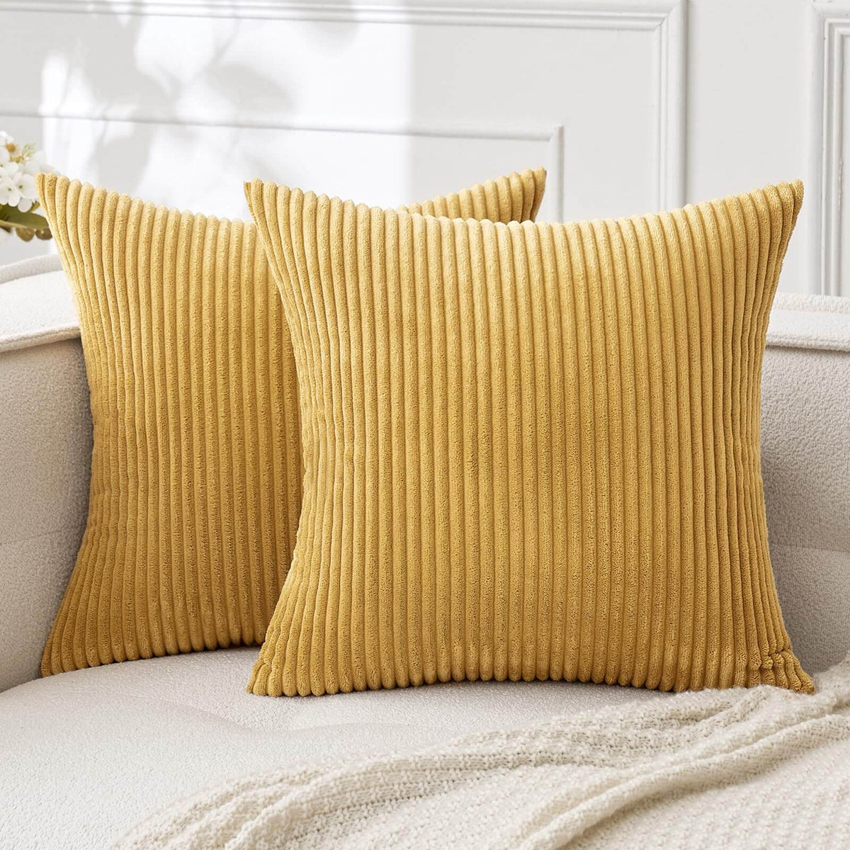 MIULEE Pack of 2 Corduroy Soft Soild Decorative Square Throw Pillow Covers Cushion Cases Pillowcases for Sofa Bedroom Car 20 x 20 Inch 50 x 50 Cm Gold