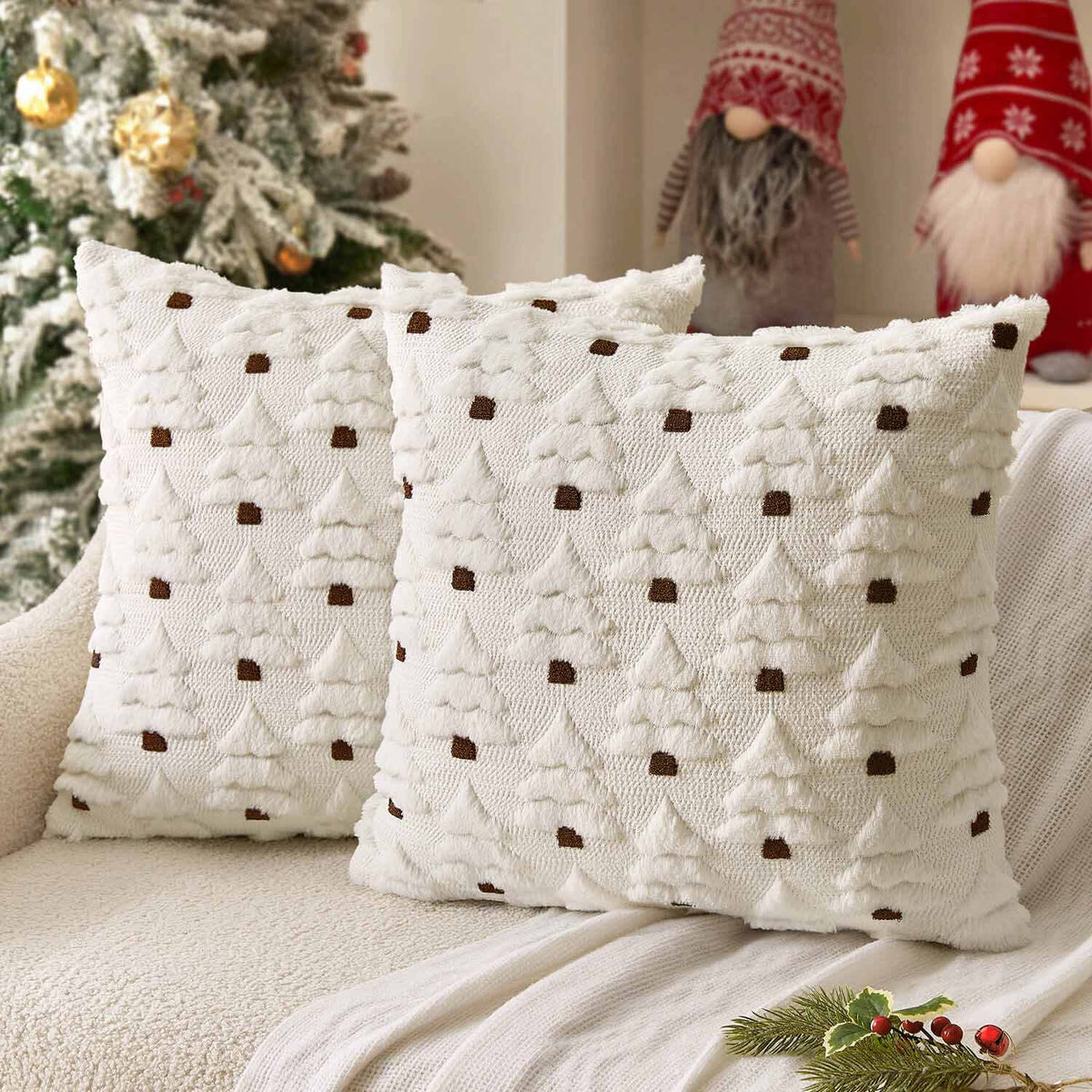 Christmas Tree Decorative Faux Wool Pillow Covers Cream 20x20-inch