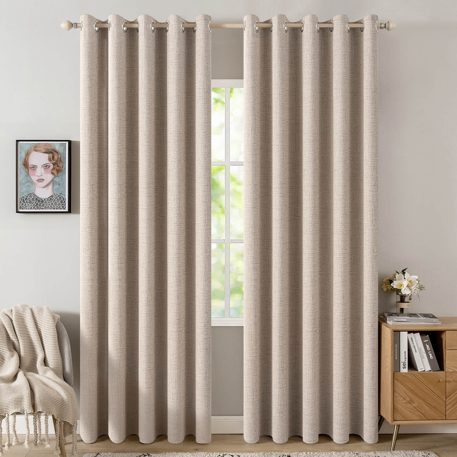 MIULEE 100% Blackout Linen Textured Curtains for Bedroom Solid Thermal Insulated Natural Beige Grommet Room Darkening Curtains & Drapes Luxury Decor for Living Room Nursery 62 x 96 Inch (2 Panels)