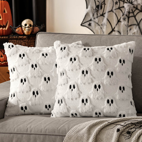 MIULEE Halloween Pillow Covers Set of 2 White Ghost Decorative Soft Throw Pillows Plush Faux Fur Wool Couch Cushion Case for Home Decor Chair Sofa Bedroom Living Room 16x16 inch