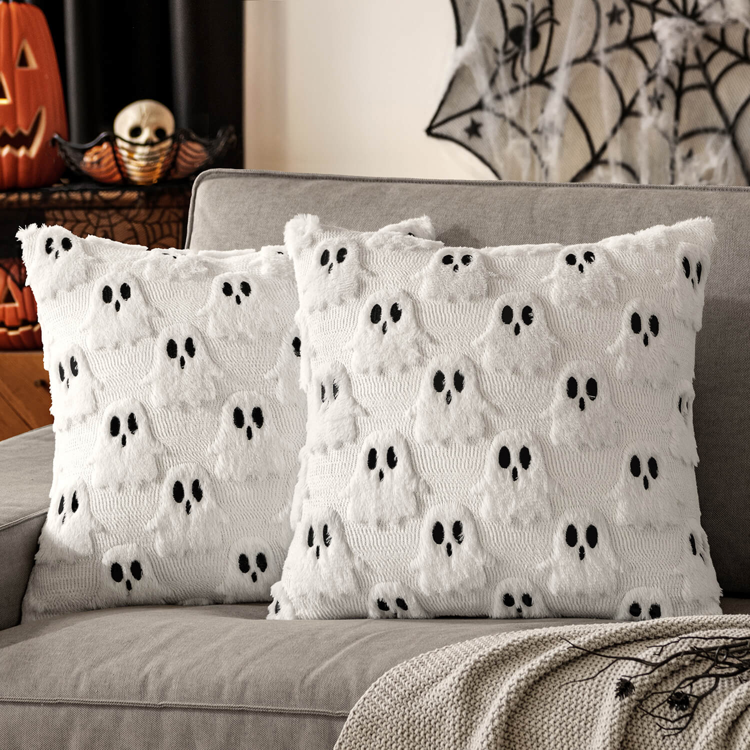 MIULEE Halloween Pillow Covers Set of 2 White Ghost Decorative Soft Throw Pillows Plush Faux Fur Wool Couch Cushion Case for Home Decor Chair Sofa Bedroom Living Room 20x20 inch