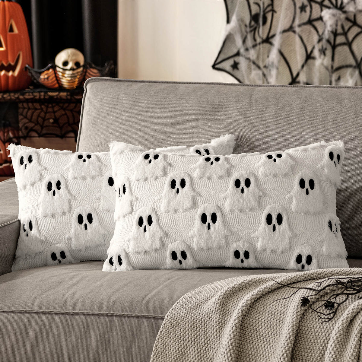 MIULEE Halloween Pillow Covers Set of 2 White Ghost Decorative Soft Throw Pillows Plush Faux Fur Wool Couch Cushion Case for Home Decor Chair Sofa Bedroom Living Room 12x20 inch
