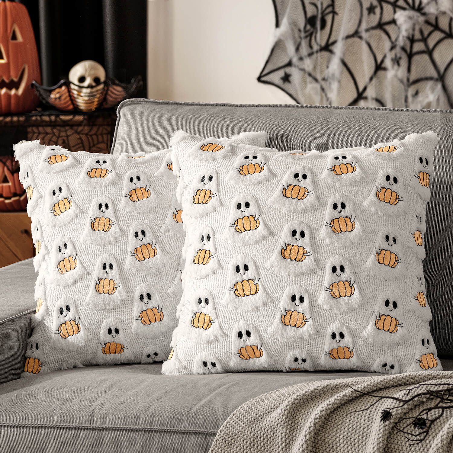 MIULEE Ghost Pumpkin Plush Faux Fur Pillow Covers 18x18 Inch Set of 2 Soft Halloween Decor for Sofa Couch Bed Living Room, White Orange Festive Home Accents