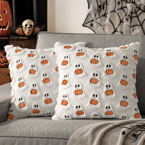 MIULEE Ghost Pumpkin Plush Faux Fur Pillow Covers 18x18 Inch Set of 2 Soft Halloween Decor for Sofa Couch Bed Living Room, White Bright Orange Festive Home Accents