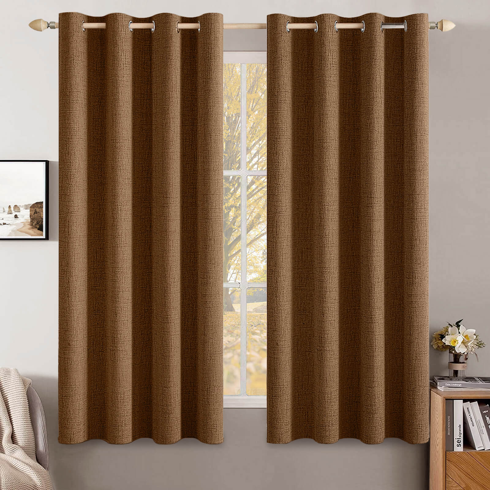 MIULEE Linen Curtains for Bedroom 100% Blackout Thermal Insulated Brown Grommet Room Darkening Curtains & Drapes Fall Decor for Living Room Nursery 52 x 45 Inch (2 Panels)