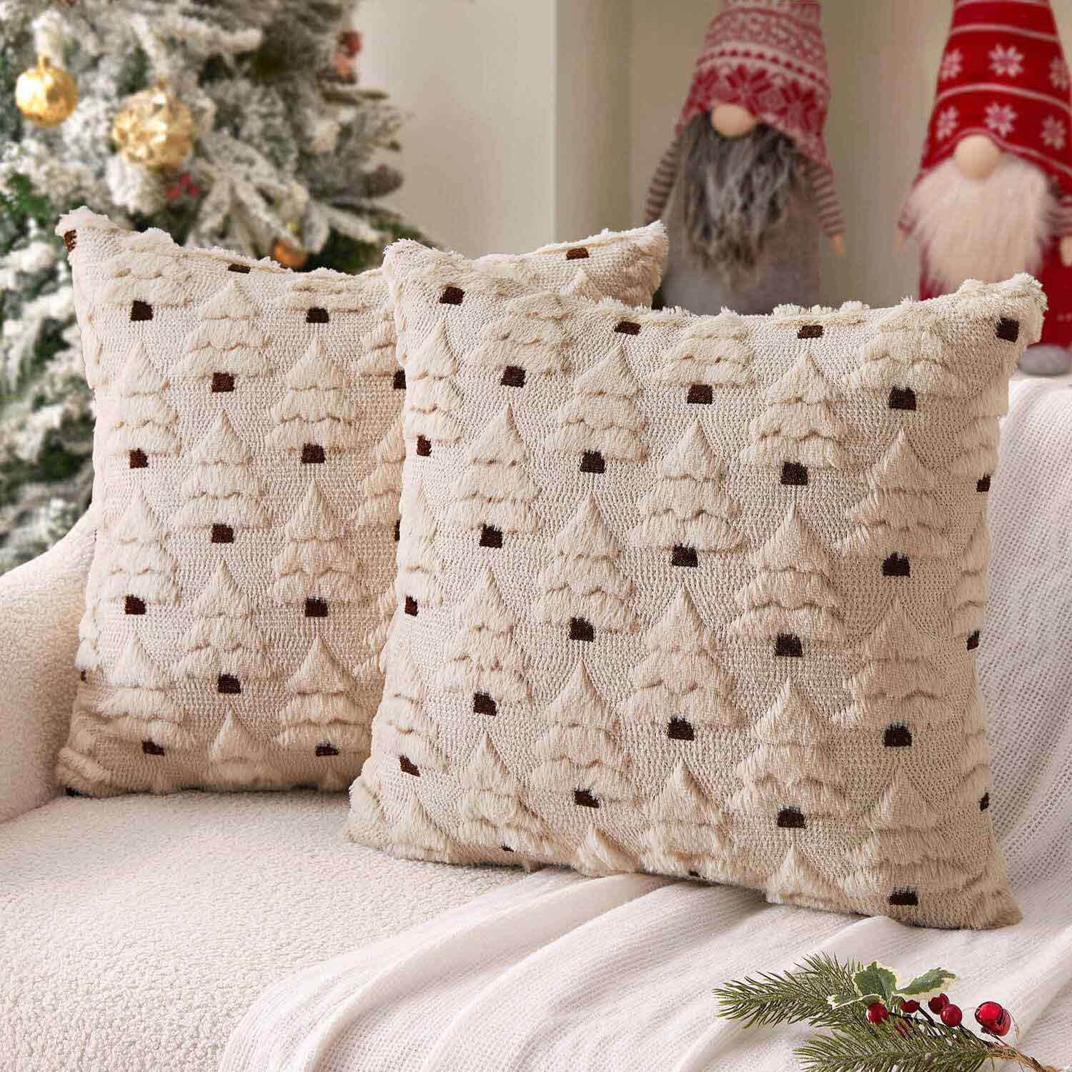 Christmas Tree Decorative Faux Wool Pillow Covers Beige 16x16-inch