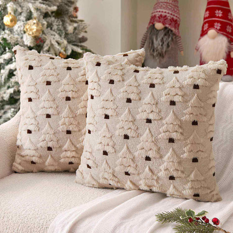 Christmas Tree Decorative Faux Wool Pillow Covers Beige 16x16-inch