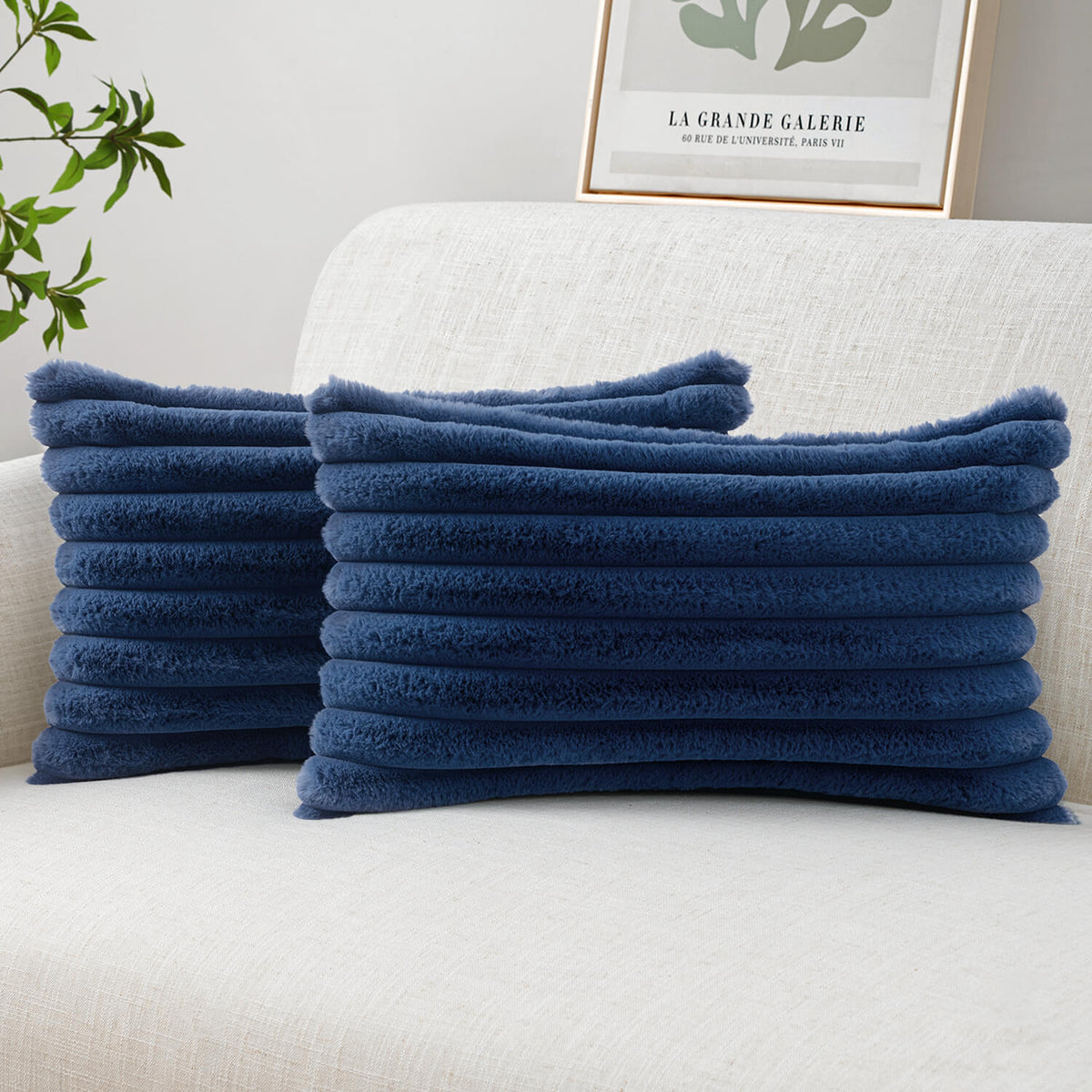MIULEE Faux Fur Lumbar Decorative Throw Pillow Covers 12x20 Inch Set of 2, Coastal Modern Art Home Decor Soft Plush Couch Pillows Cozy Fluffy Cushion Covers for Sofa Bed Navy Blue