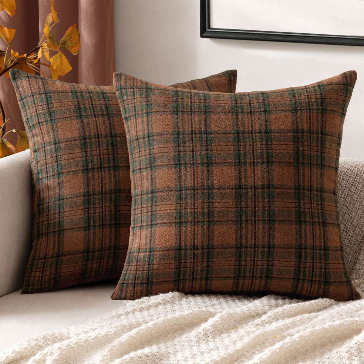 MIULEE Fall Set of 2 Scottish Tartan Plaid Throw Pillow Covers Farmhouse Classic Decorative Square Cushion Cases for Decor Sofa Couch 18x18 Inch, Orange?and?Green