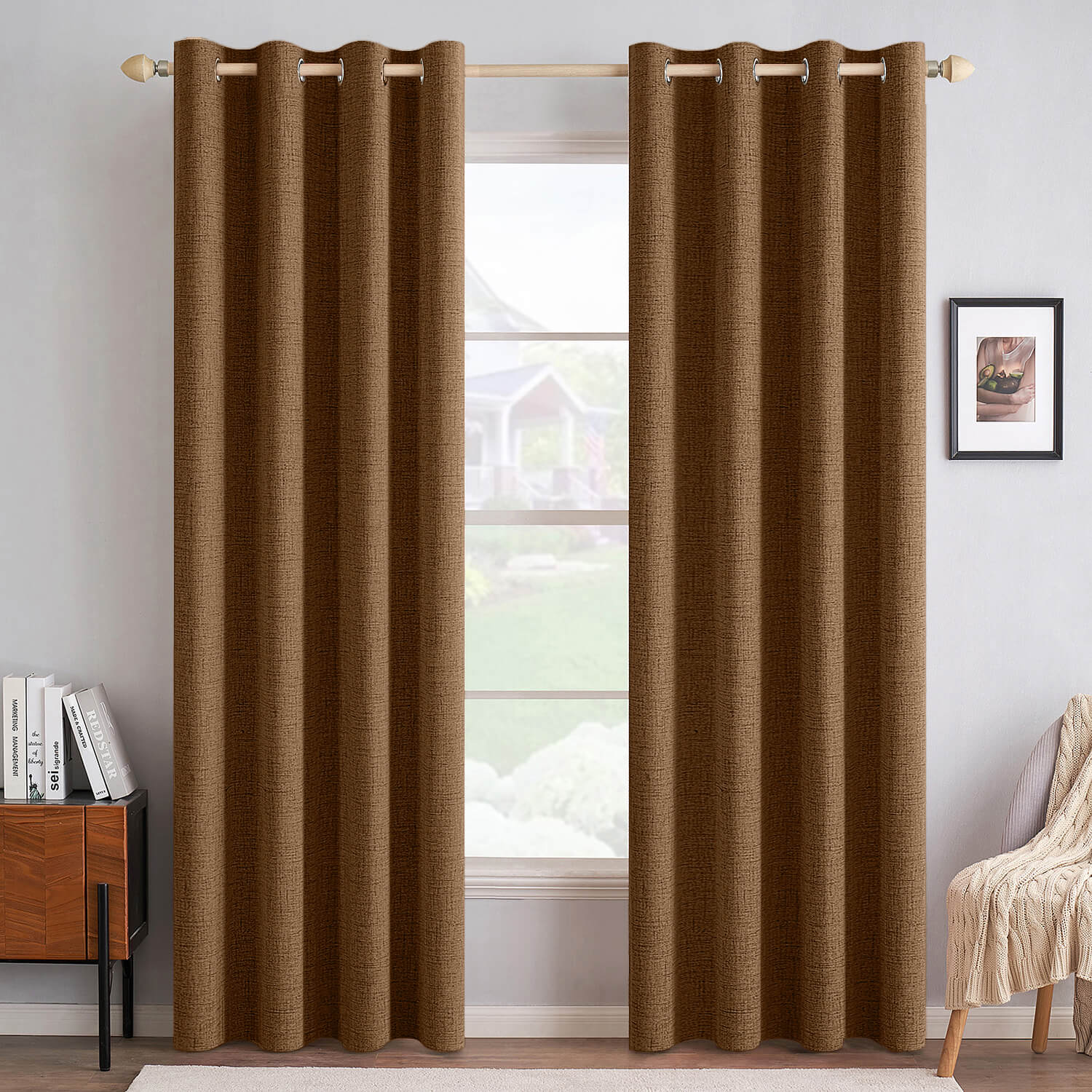 MIULEE 100% Blackout Linen Curtains for Bedroom Thermal Insulated Brown Grommet Room Darkening Curtains & Drapes Fall Decor for Living Room Nursery 52 x 108 Inch (2 Panels)