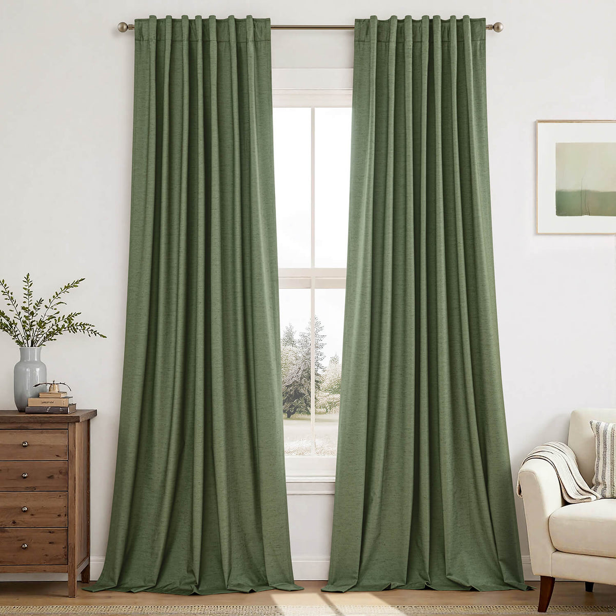 miulee linen full blackout curtains back tab pleat hook belt clip rings olive green 52Wx108L