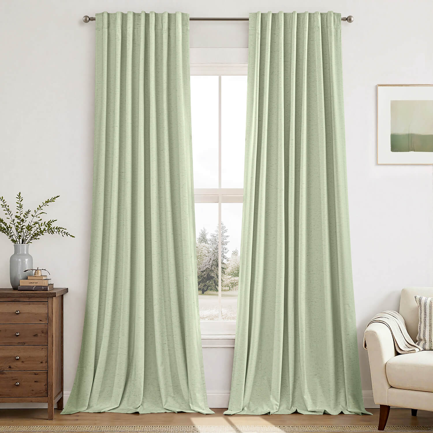 miulee linen full blackout curtains back tab pleat hook belt clip rings sage green 52Wx108L