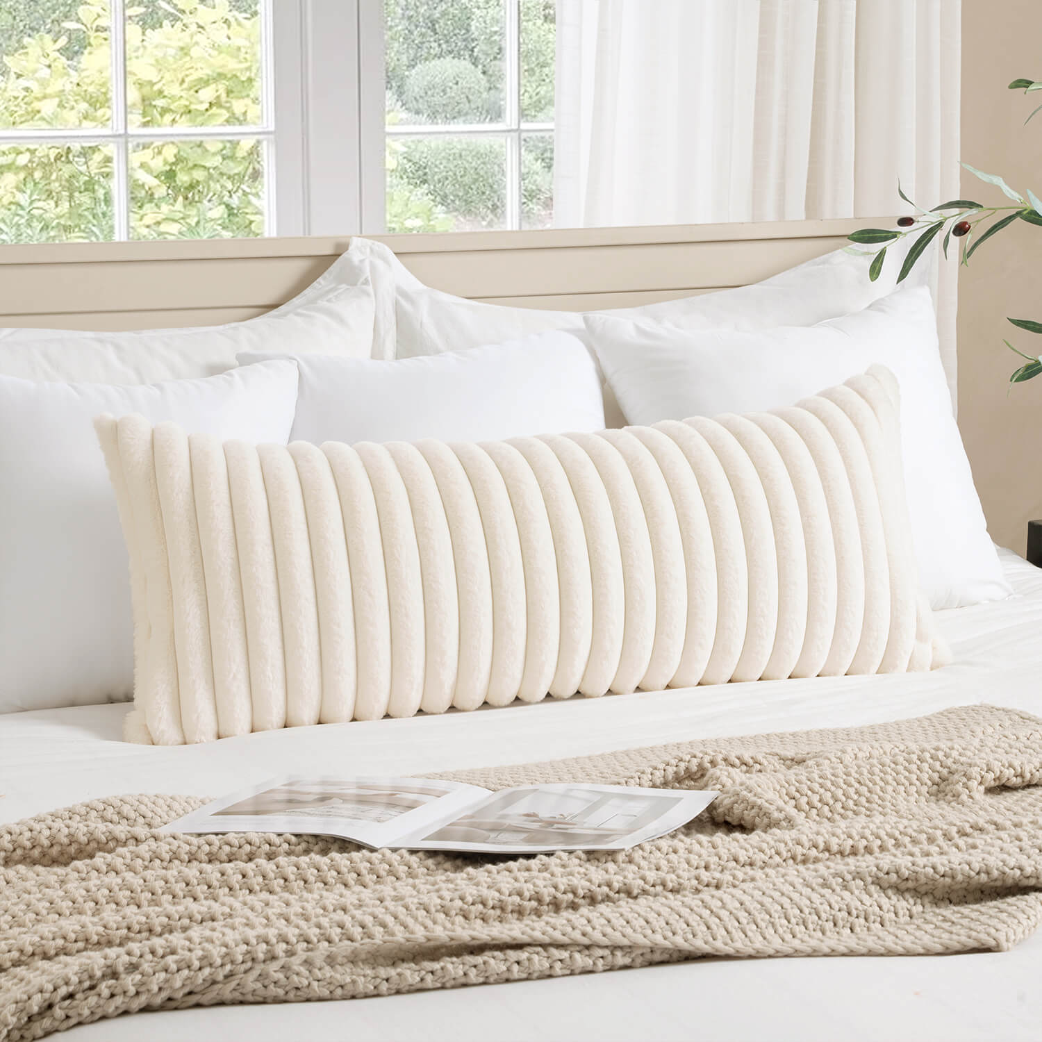 MIULEE 1 Piece Faux Fur Lumbar Decorative Throw Pillow Covers 14x36 Inch, Modern Spring Home Decor Soft Plush Couch Pillows Cozy Fluffy Cushion Covers for Sofa Bed Beige