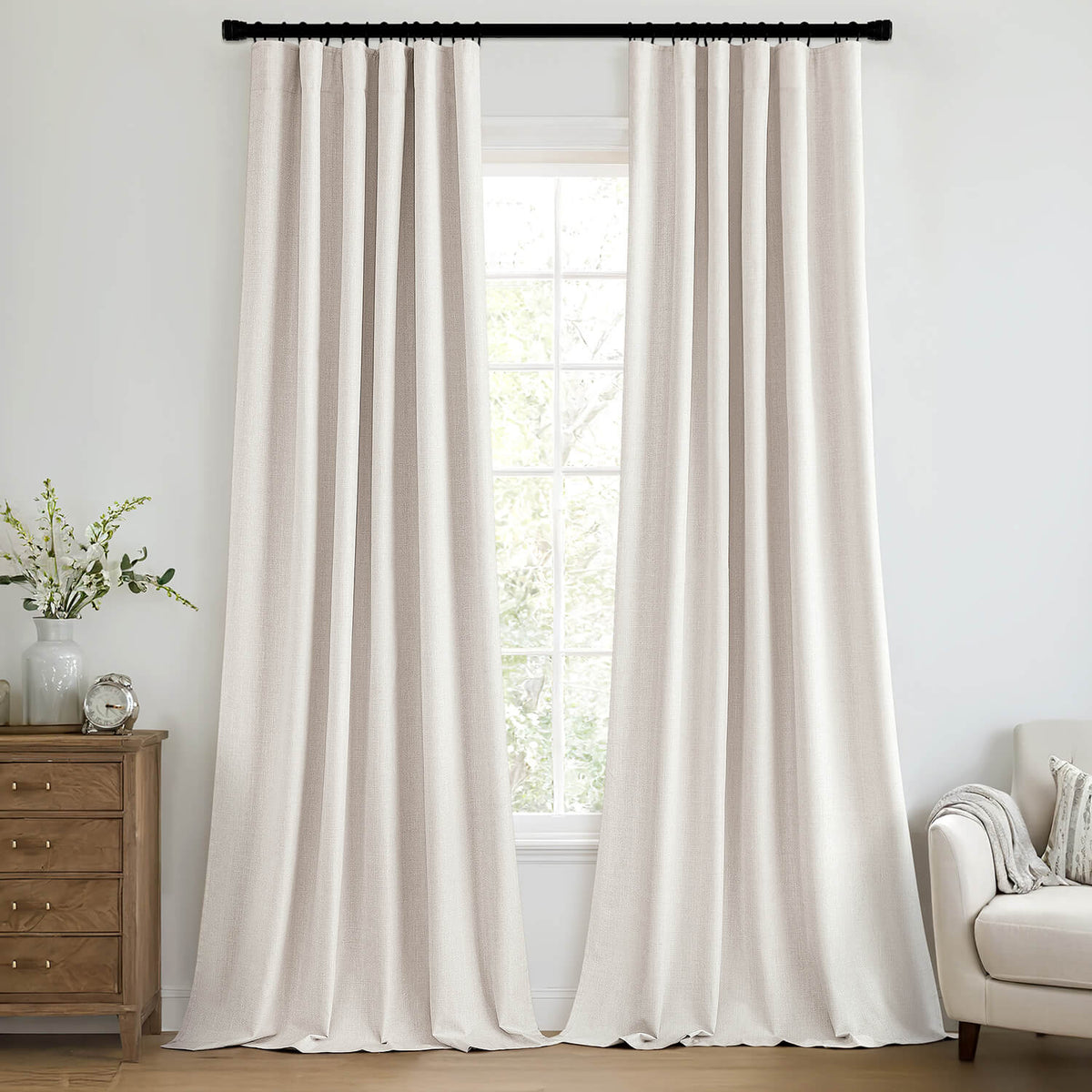 MIULEE 100% Blackout Curtains 102 Inch Long 2 Panels for Bedroom, Thick Luxury Faux Linen Black Out Curtain Room Darkening Back Tab Pleat Window Textured Drapes with Hooks for Living Room, Ivory
