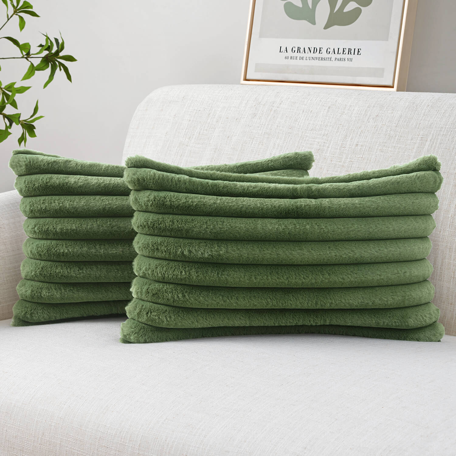 MIULEE Faux Fur Lumbar Decorative Throw Pillow Covers 12x20 Inch Set of 2, Modern Spring Home Decor Soft Plush Couch Pillows Cozy Fluffy Cushion Covers for Sofa Bed Moss Green