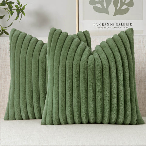 MIULEE Faux Fur Large Decorative Throw Pillow Covers 24x24 Inch Set of 2, Modern Spring Home Decor Soft Plush Couch Pillows Cozy Fluffy Cushion Covers for Sofa Bed Moss Green