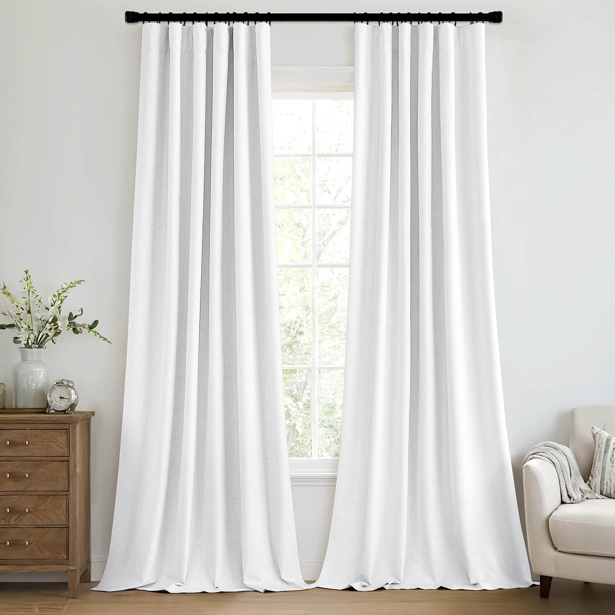 MIULEE 100% Blackout Curtains 96 Inch Long 2 Panels Set for Bedroom, Thick Faux Linen Black Out Curtain Room Darkening Back Tab Pleat Window Textured Drapes with Hooks for Living Room, Bright White