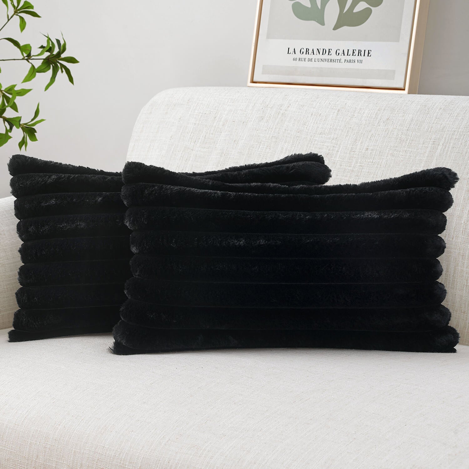 MIULEE Faux Fur Lumbar Decorative Throw Pillow Covers 12x20 Inch Set of 2, French Modern Art Home Decor Soft Plush Couch Pillows Cozy Fluffy Cushion Covers for Sofa Bed Black