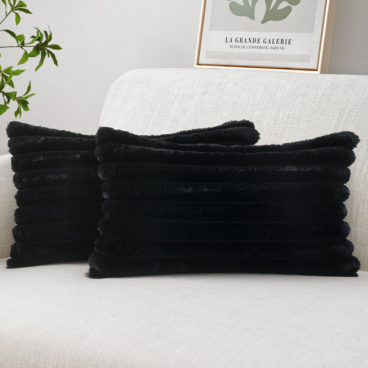 MIULEE Faux Fur Lumbar Decorative Throw Pillow Covers 12x20 Inch Set of 2, French Modern Art Home Decor Soft Plush Couch Pillows Cozy Fluffy Cushion Covers for Sofa Bed Black