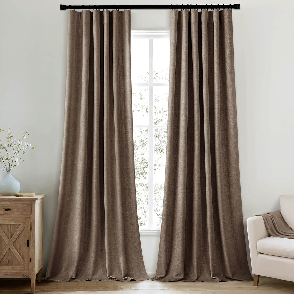 MIULEE 100% Blackout Curtains 108 Inch Long 2 Panels Set for Bedroom, Thick Faux Linen Black Out Curtain Room Darkening Back Tab Pleat Window Textured Drapes with Hooks for Living Room, Dutch Cocoa