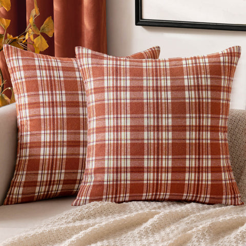 MIULEE Fall Set of 2 Scottish Tartan Plaid Throw Pillow Covers Farmhouse Classic Decorative Square Cushion Cases for Decor Sofa Couch 20x20 Inch, Orange?and?White