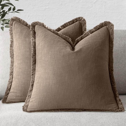 MIULEE Decorative Throw Pillow Covers Neutral Linen Fringe Throw Pillows Euro Shams Set of 2 Cocoa Brown Boho Farmhouse Cushion Covers for Couch Sofa Bed Living Room Spring Home Decor 24x24 Inch