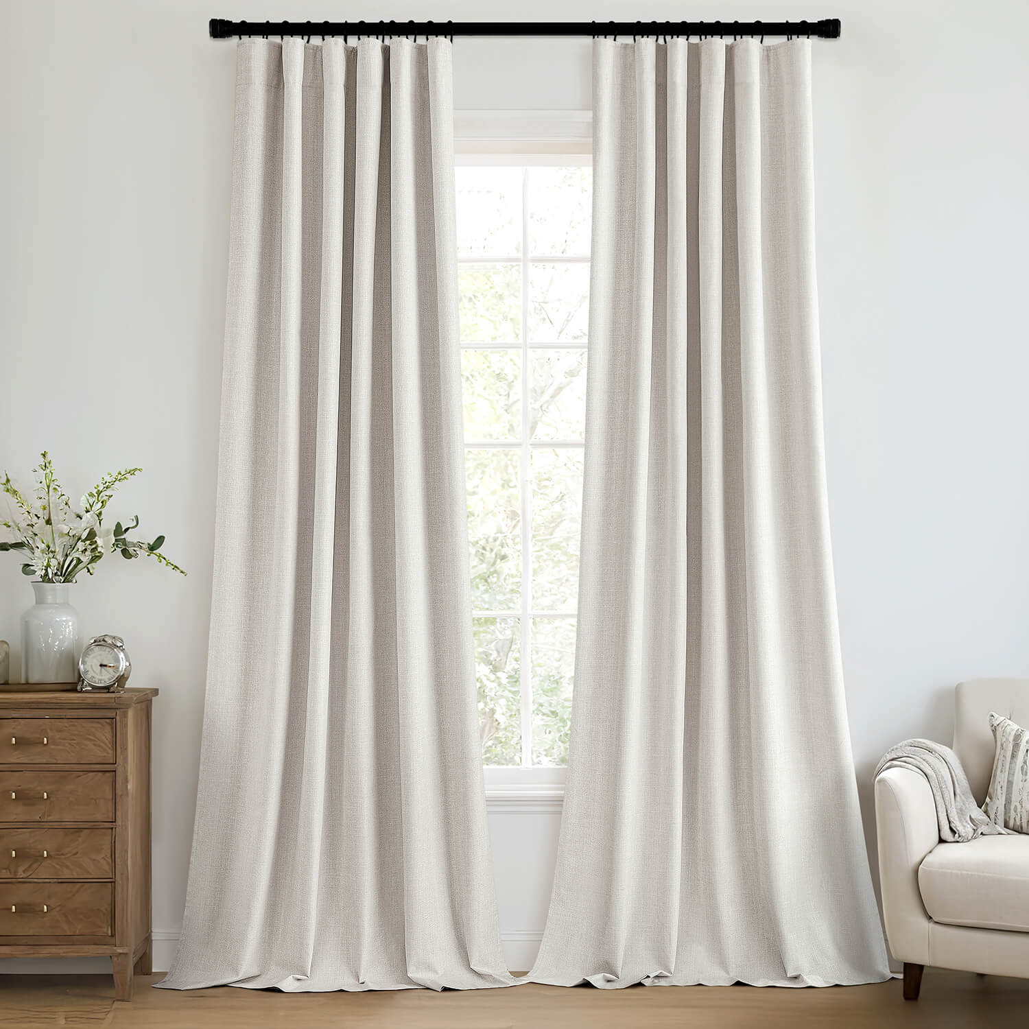 MIULEE 100% Blackout Curtains 102 Inch Long 2 Panels Set for Bedroom, Thick Faux Linen Black Out Curtain Room Darkening Back Tab Pleat Window Textured Drapes with Hooks for Living Room, Light Beige