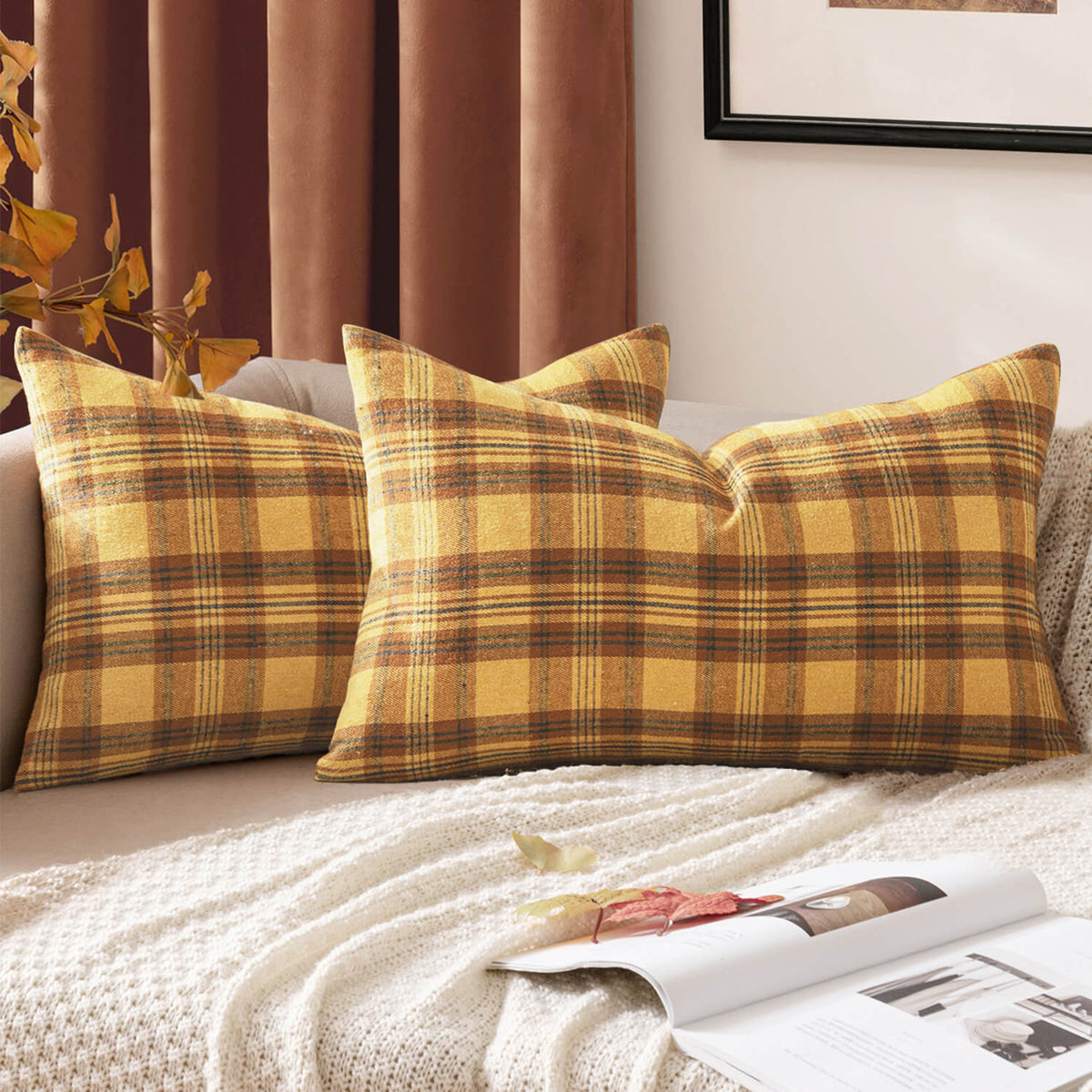 MIULEE Fall Set of 2 Scottish Tartan Plaid Lumbar Throw Pillow Covers Farmhouse Classic Decorative Square Cushion Cases for Decor Sofa Couch 12x20 Inch, Orange