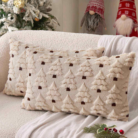 Christmas Tree Decorative Faux Wool Pillow Covers Beige 20x12-inch