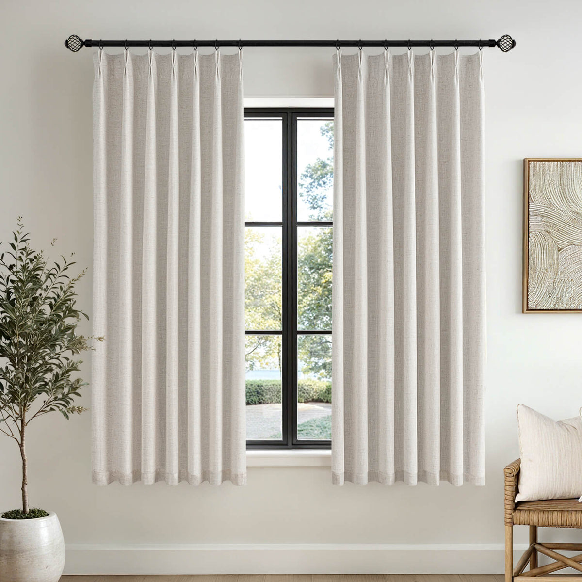 MIULEE Birch Pinch Pleated 100% Blackout Linen Curtains for Bedroom, Room Darkening Light Blocking Window Curtains 63 inches Long for Living Room, Black Out Pleat Drapes with Pin Hooks, 2 Panels