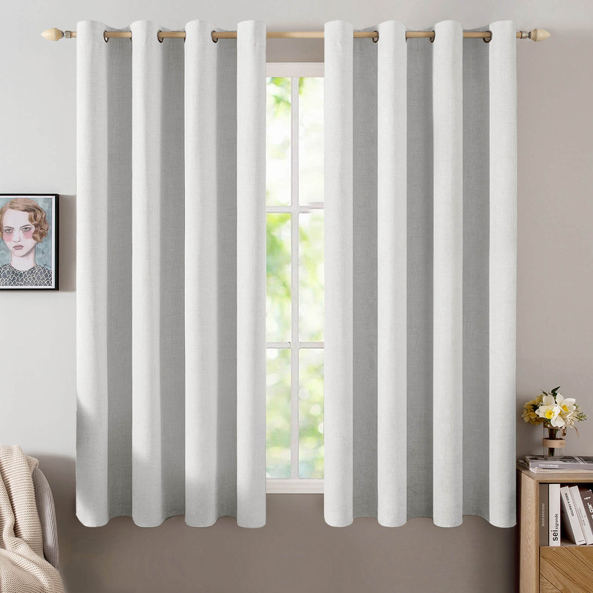 MIULEE Linen Textured Curtains for Bedroom Solid 100% Blackout Thermal Insulated Heathered White Grommet Room Darkening Curtains & Drapes Luxury Decor for Living Room Nursery 52 x 63 Inch (2 Panels)