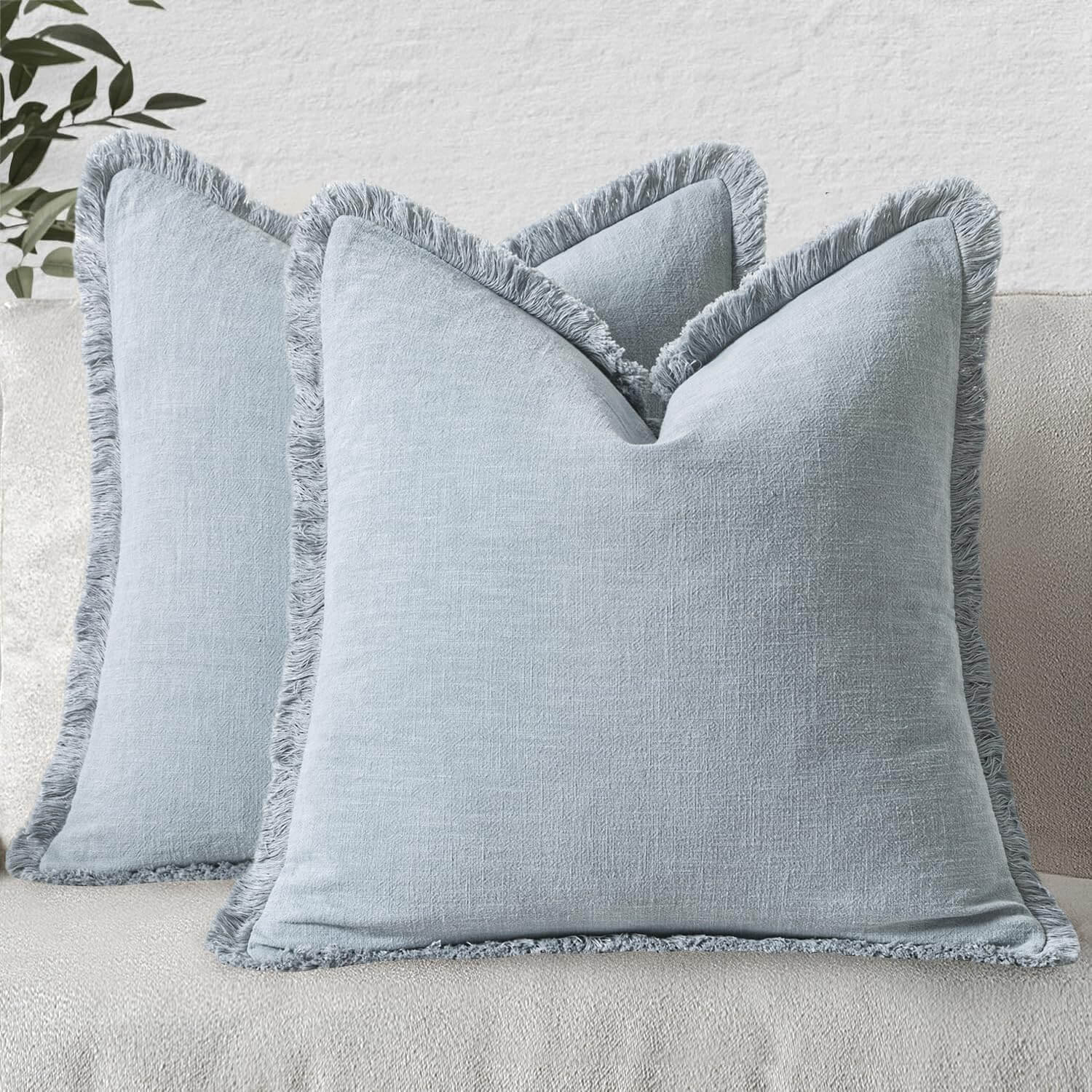 MIULEE Decorative Throw Pillow Covers Neutral Linen Fringe Throw Pillows Set of 2 Sky Blue Boho Farmhouse Cushion Covers for Couch Sofa Bed Living Room Spring Home Decor 18x18 Inch