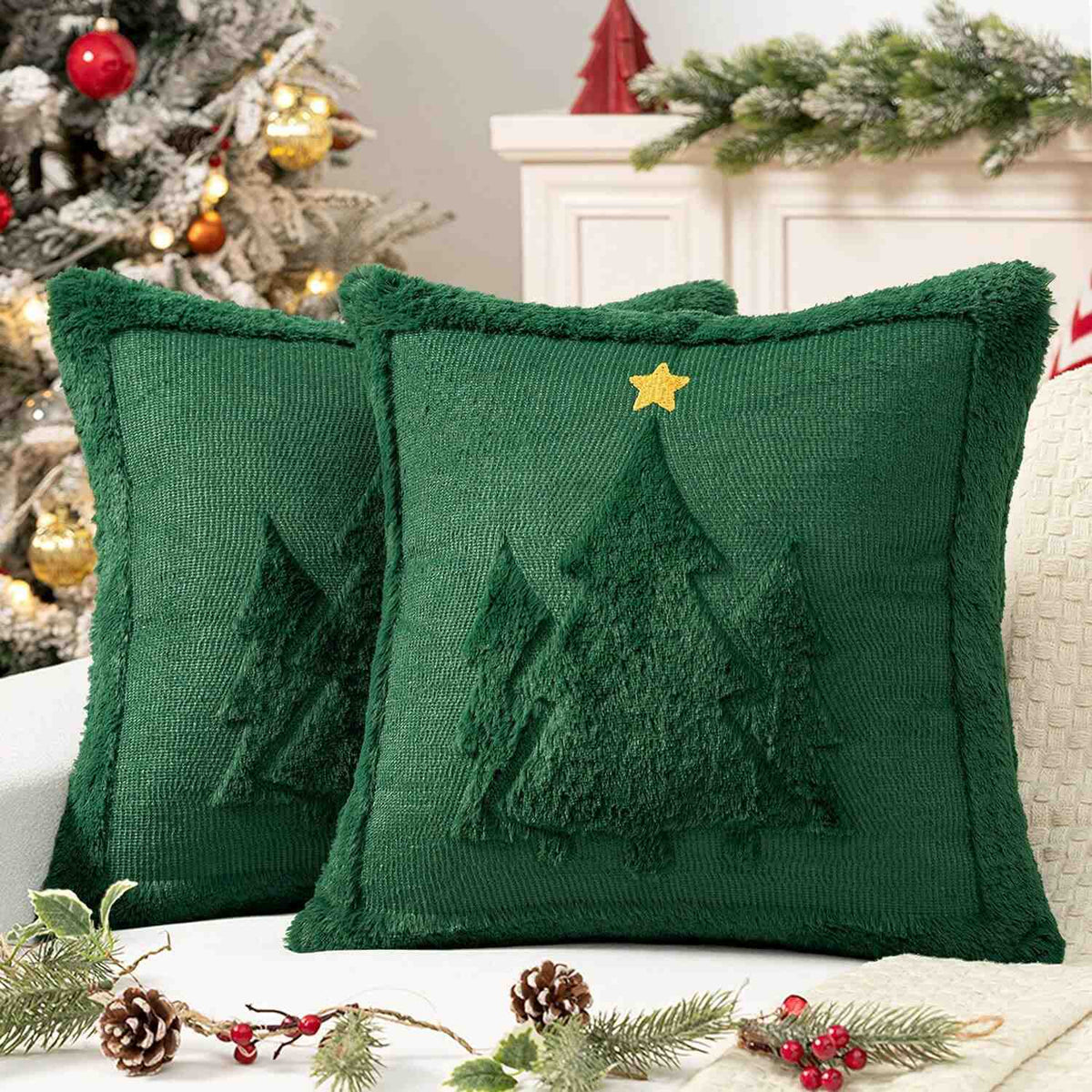 Decorative Christmas Trees Faux Fur Wool Pillow Covers Green 18x18-inch