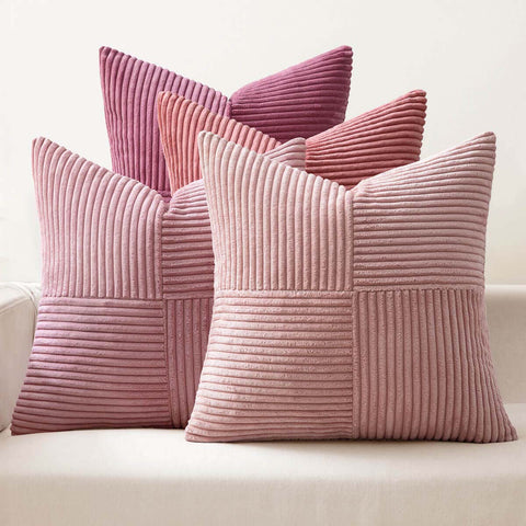 Patchwork Corduroy Farmhouse Pillow Covers Pink 18x18-inch