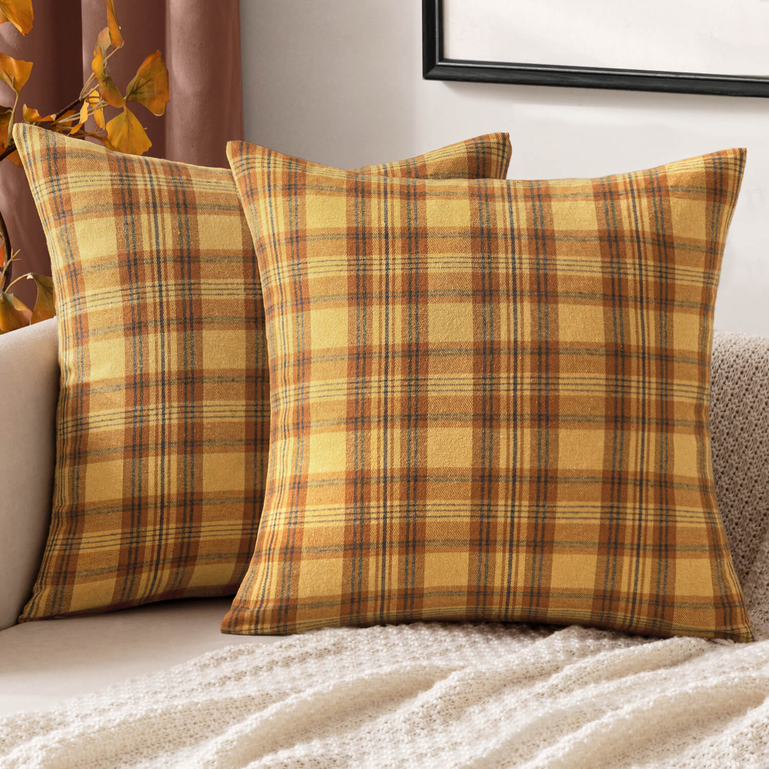 MIULEE Fall Set of 2 Scottish Tartan Plaid Throw Pillow Covers Farmhouse Classic Decorative Square Cushion Cases for Decor Sofa Couch 18x18 Inch, Orange