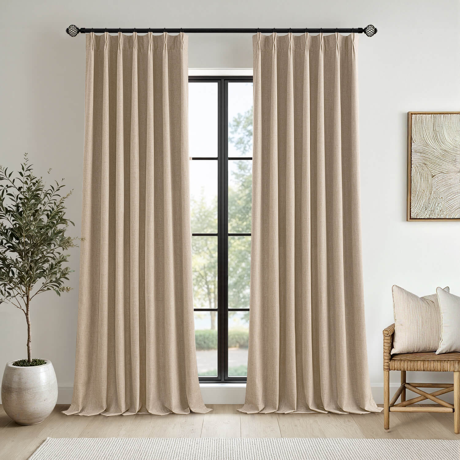 MIULEE Taupe Pinch Pleated 100% Blackout Linen Curtains 96 Inch Length 2 Panels Set, Pleat Curtains with Pin Hooks, Black Out Light Blocking Room Darkening Drapes for Bedroom Living Room Window