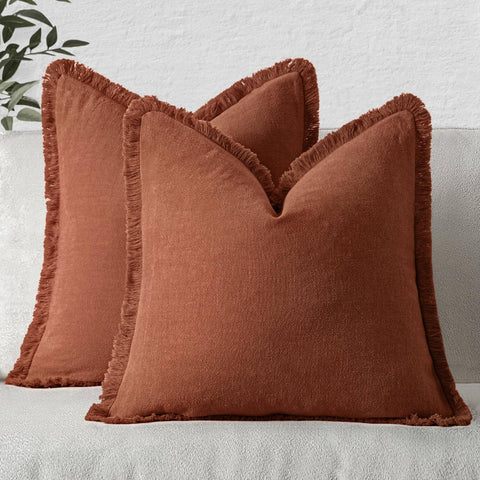 MIULEE Decorative Throw Pillow Covers Neutral Linen Fringe Throw Pillows Set of 2 Late Autumn Boho Farmhouse Cushion Covers for Couch Sofa Bed Living Room Spring Home Decor 18x18 Inch