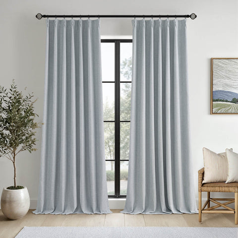 MIULEE Grayish Blue Pinch Pleated 100% Blackout Linen Curtains 96 Inch Length 2 Panels Set, Pleat Curtains with Pin Hooks, Black Out Light Blocking Room Darkening Drapes for Bedroom Living Room Window