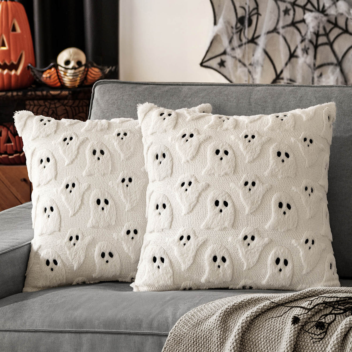MIULEE Halloween Pillow Covers Ghost Spooky Throw Pillows Set of 2 Soft Plush Faux Fur Decorative Cushion Covers for Couch Sofa Bed Living Room Halloween Decor 18x18 inch Cream White