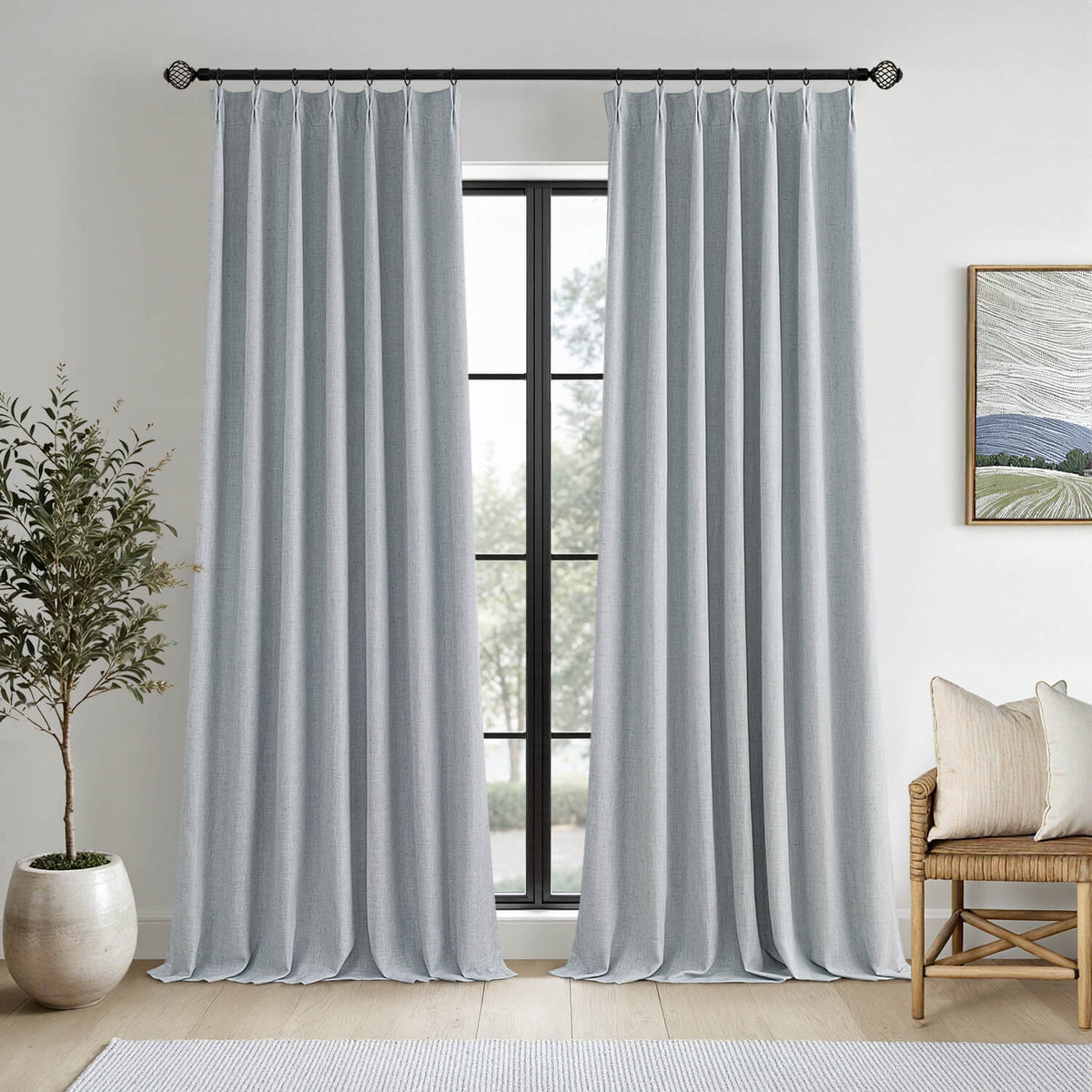 MIULEE Grayish Blue Pinch Pleated 100% Blackout Linen Curtains 102 Inch Length 2 Panels Set, Pleat Curtain with Pin Hooks, Black Out Light Blocking Room Darkening Drapes for Bedroom Living Room Window