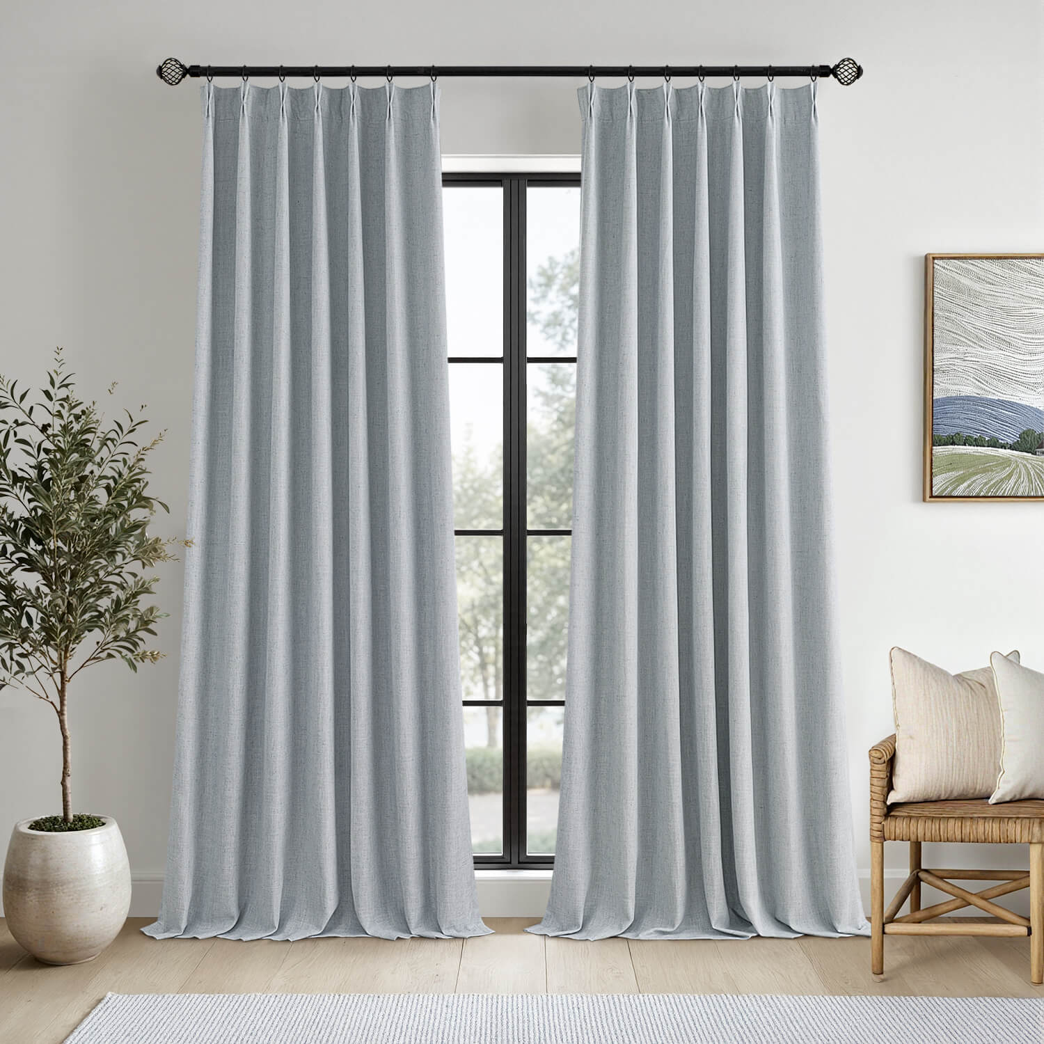 MIULEE Grayish Blue Pinch Pleated 100% Blackout Linen Curtains 90 Inch Length 2 Panels Set, Pleat Curtains with Pin Hooks, Black Out Light Blocking Room Darkening Drapes for Bedroom Living Room Window