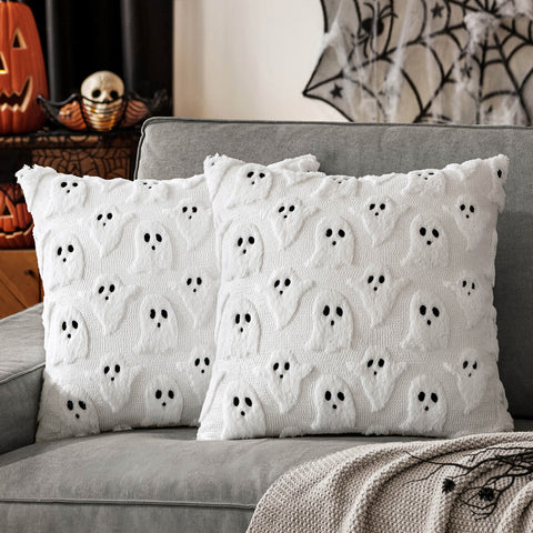 MIULEE Halloween Pillow Covers Ghost Spooky Throw Pillows Set of 2 Soft Plush Faux Fur Decorative Cushion Covers for Couch Sofa Bed Living Room Halloween Decor 20x20 inch White