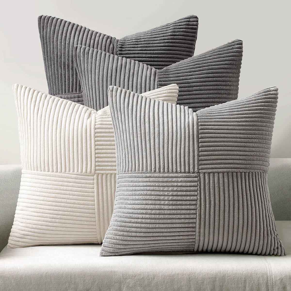 Patchwork Corduroy Farmhouse Pillow Covers Grey 20x20-inch
